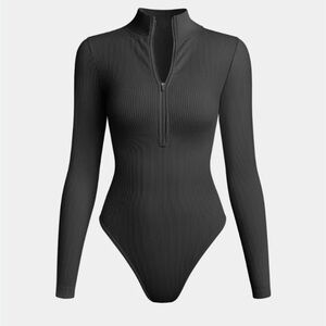 OQQ Black Long Sleeve Ribbed Bodysuit M